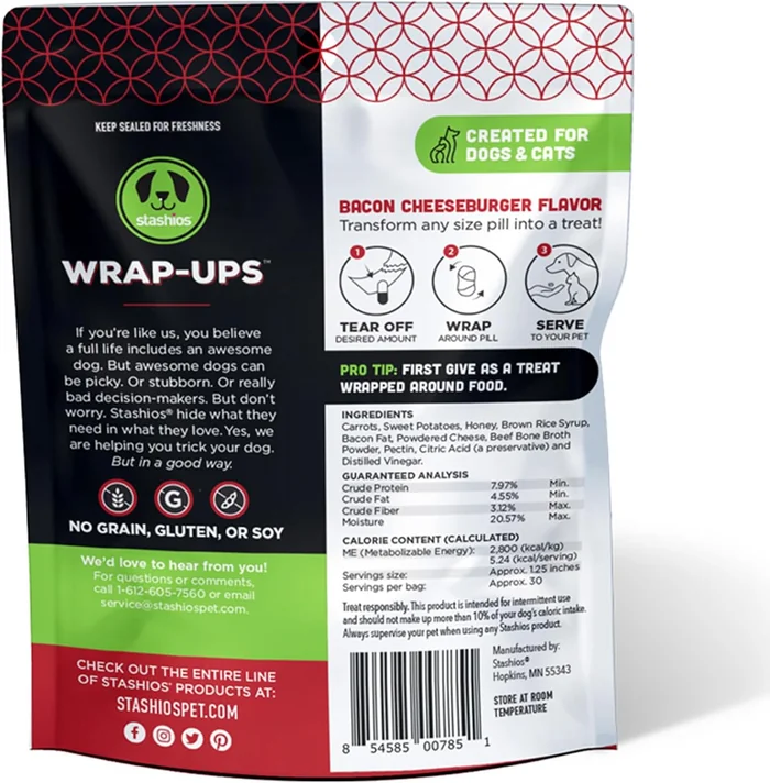 Stashios : Wrap-Ups : Emballage de pilules - Bacon Cheeseburger - 30 Portions Sac, Chiens & Cats, Trait Hides Pilules de toute taille, Ingrédients limités tous naturels, USA (Pack of 2)