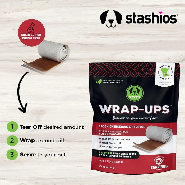 Stashios : Wrap-Ups : Emballage de pilules - Bacon Cheeseburger - 30 Portions Sac, Chiens & Cats, Trait Hides Pilules de toute taille, Ingrédients limités tous naturels, USA (Pack of 2)