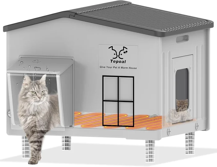 Large Indestructible Heated Cat House for Outside, Extrmely Waterproof & Weatherproof Heated Outdoor Cat House for Winter, Fully Insulated Feral Cat Shelter for Outdoor Barn Cats Strays, 22x17x19.7 in