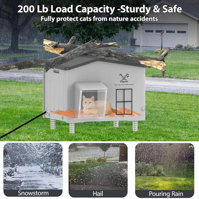 Large Indestructible Heated Cat House for Outside, Extrmely Waterproof & Weatherproof Heated Outdoor Cat House for Winter, Fully Insulated Feral Cat Shelter for Outdoor Barn Cats Strays, 22x17x19.7 in