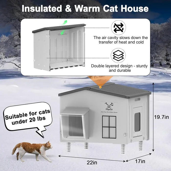 Large Indestructible Heated Cat House for Outside, Extrmely Waterproof & Weatherproof Heated Outdoor Cat House for Winter, Fully Insulated Feral Cat Shelter for Outdoor Barn Cats Strays, 22x17x19.7 in