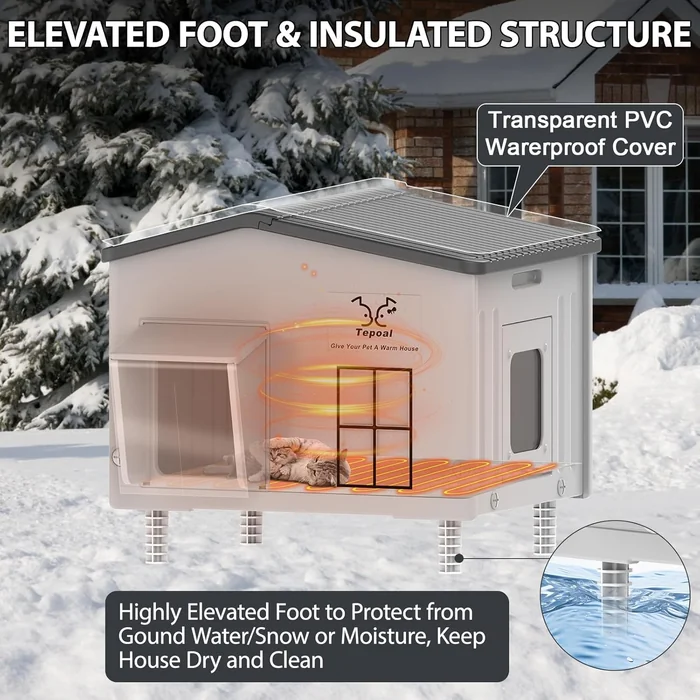 Large Indestructible Heated Cat House for Outside, Extrmely Waterproof & Weatherproof Heated Outdoor Cat House for Winter, Fully Insulated Feral Cat Shelter for Outdoor Barn Cats Strays, 22x17x19.7 in