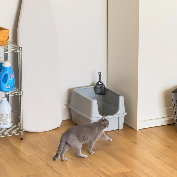 IRIS USA grande litière pour chats avec bouclier de dispersion et scoop, pan à litière pour chats haut latéralement ouvert, argent