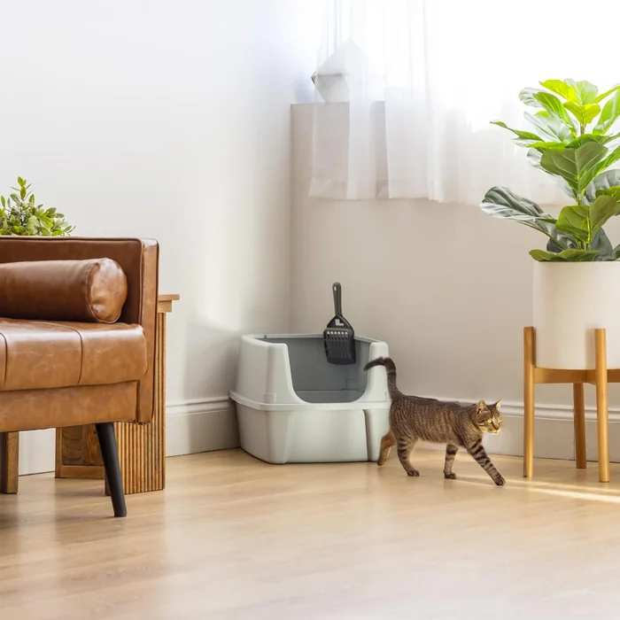 IRIS USA grande litière pour chats avec bouclier de dispersion et scoop, pan à litière pour chats haut latéralement ouvert, argent