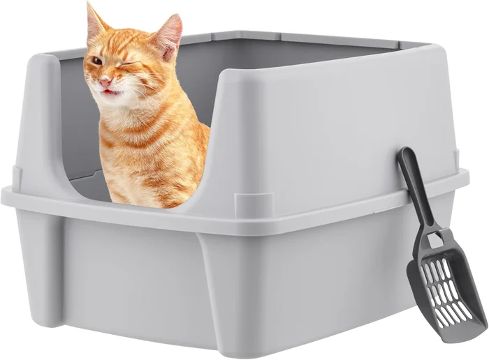 IRIS USA grande litière pour chats avec bouclier de dispersion et scoop, pan à litière pour chats haut latéralement ouvert, argent