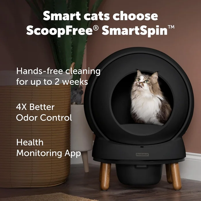 PetSafe ScoopFree SmartSpin Self-Cleaning Cat Litter Box, Black – Advanced Odor Control, App Controlled with Health Monitoring, Works with Any Litter, Up to 2 Weeks of Hands-Free Cleaning