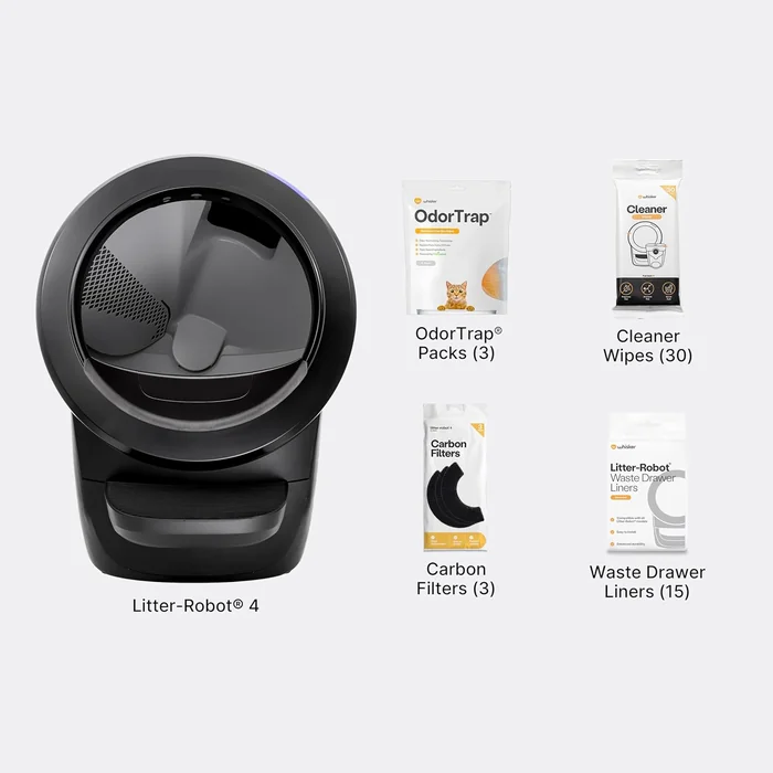 Litter-Robot 4 Supply Bundle by Whisker, Black - Automatic, Self-Cleaning Cat Litter Box, Includes Litter-Robot 4, 3 OdorTrap Refills, 10 Liners, 30 Cleaner Wipes, & 2 Carbon Filters