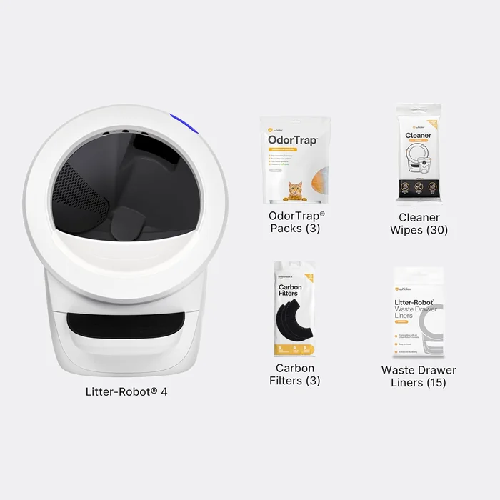 Litter-Robot 4 Supply Bundle by Whisker, White - Automatic, Self-Cleaning Cat Litter Box, WiFi Enabled, Includes Litter-Robot 4, 3 OdorTrap Refills, 10 Liners, 30 Cleaner Wipes, & 2 Carbon Filters
