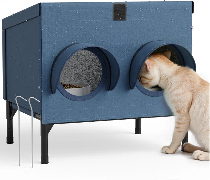 Outdoor Cat Feeding Shelter for Feral & Stray Cats, Insulated Dining Room with Slanted Roof & Double Feed Hole, Connects to PELUOMOZ Cat Houses, Windproof & Weatherproof – Navy Blue, 16