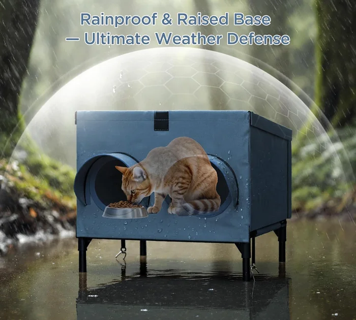 Outdoor Cat Feeding Shelter for Feral & Stray Cats, Insulated Dining Room with Slanted Roof & Double Feed Hole, Connects to PELUOMOZ Cat Houses, Windproof & Weatherproof – Navy Blue, 16