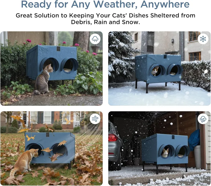 Outdoor Cat Feeding Shelter for Feral & Stray Cats, Insulated Dining Room with Slanted Roof & Double Feed Hole, Connects to PELUOMOZ Cat Houses, Windproof & Weatherproof – Navy Blue, 16