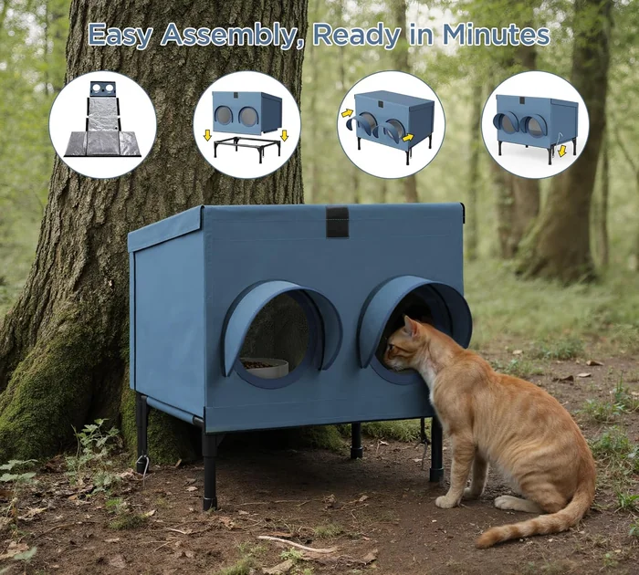 Outdoor Cat Feeding Shelter for Feral & Stray Cats, Insulated Dining Room with Slanted Roof & Double Feed Hole, Connects to PELUOMOZ Cat Houses, Windproof & Weatherproof – Navy Blue, 16