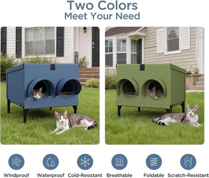 Outdoor Cat Feeding Shelter for Feral & Stray Cats, Insulated Dining Room with Slanted Roof & Double Feed Hole, Connects to PELUOMOZ Cat Houses, Windproof & Weatherproof – Navy Blue, 16