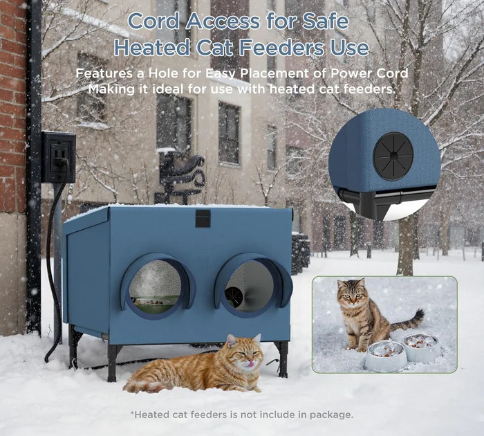 Outdoor Cat Feeding Shelter for Feral & Stray Cats, Insulated Dining Room with Slanted Roof & Double Feed Hole, Connects to PELUOMOZ Cat Houses, Windproof & Weatherproof – Navy Blue, 16