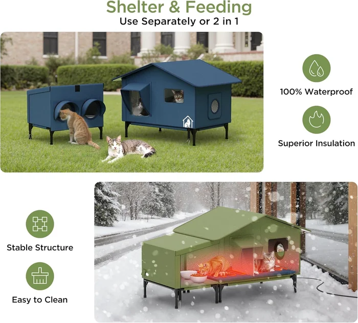 Outdoor Cat Feeding Shelter for Feral & Stray Cats, Insulated Dining Room with Slanted Roof & Double Feed Hole, Connects to PELUOMOZ Cat Houses, Windproof & Weatherproof – Navy Blue, 16