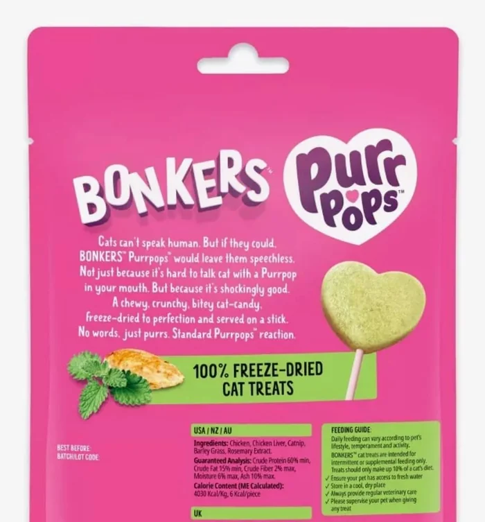 Bonkers Purrpops， Freeze Dried Crazy for Catnip レシピ風味のロリポップ猫のおやつ， すべての品種と年齢のための 8 ピース （ 2 パック ） 猫の春のおもちゃ