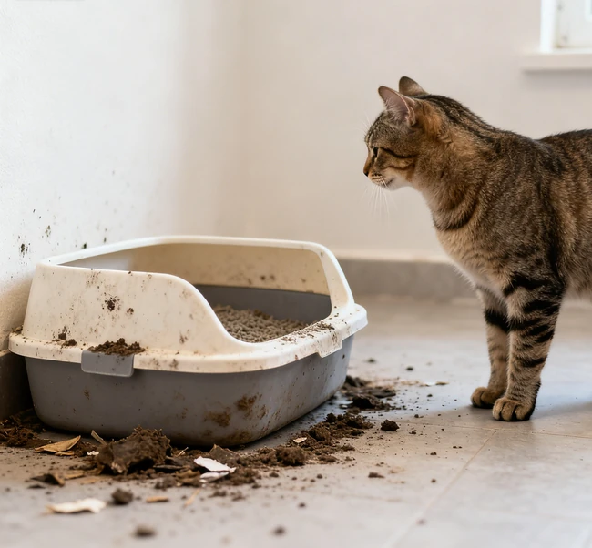 A cat looking away from a litter box in a hallway
