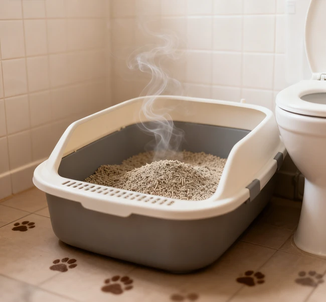 Hand using a scoop to clean a litter box