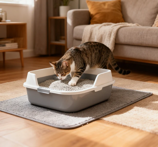 Hands washing an empty plastic litter box in a sink