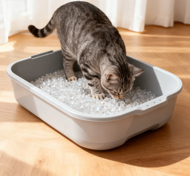 Close-up of clumping clay cat litter showing solid urine clumps