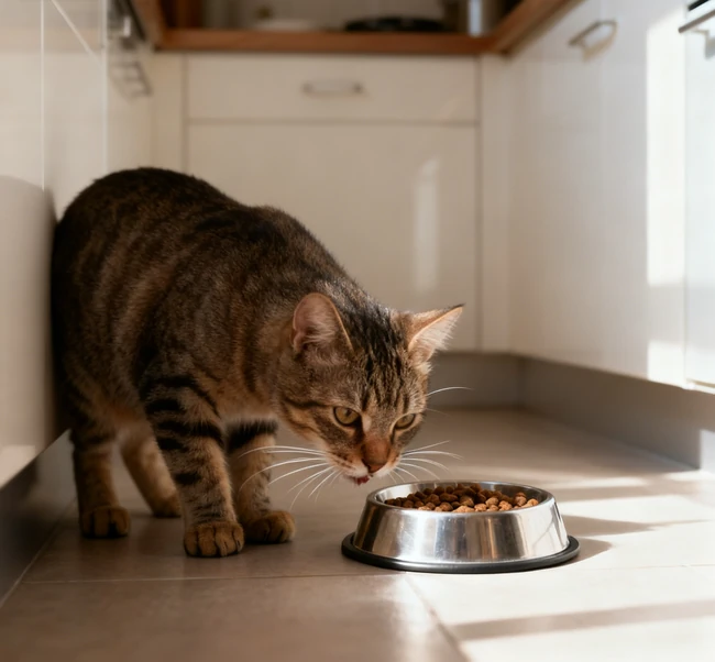 A young kitten eating from a small bowl