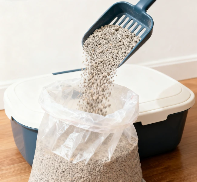 Sealed bags of cat litter placed inside a lidded outdoor trash can