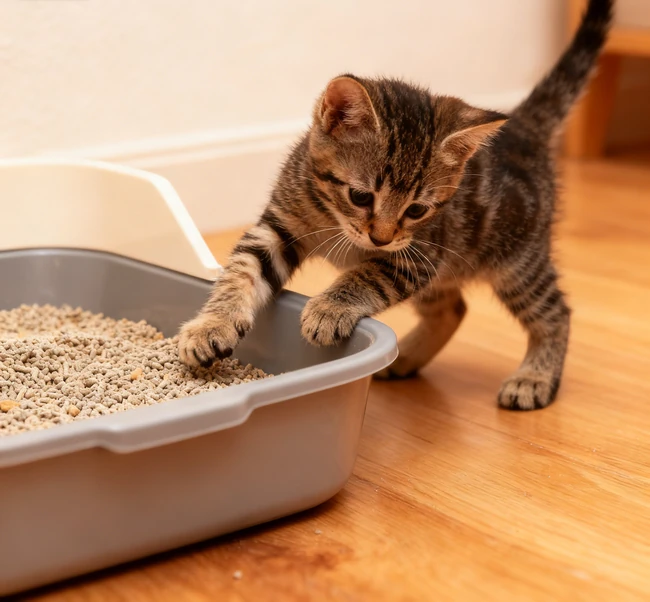 Litter box placed in a quiet, calm corner of a home
