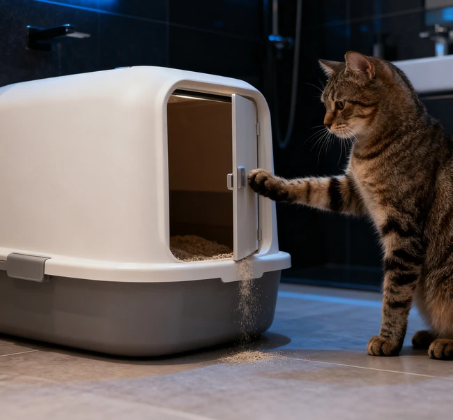 Eine Person, die eine Müllkiste schaufelt, wodurch Staub aufsteigt