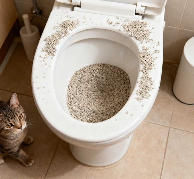 Diagramm, das zeigt, wie sich Katzenleug zusammenklümmert, um einen schweren Verstopfung in Haushaltsrohren zu erzeugen