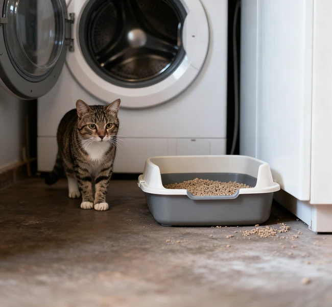 猫の餌と水のボウルは、そのゴミ箱のすぐ隣に置かれます。