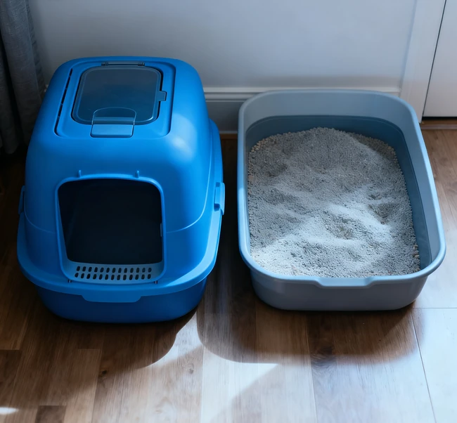 A cat comfortably using a standard open litter box