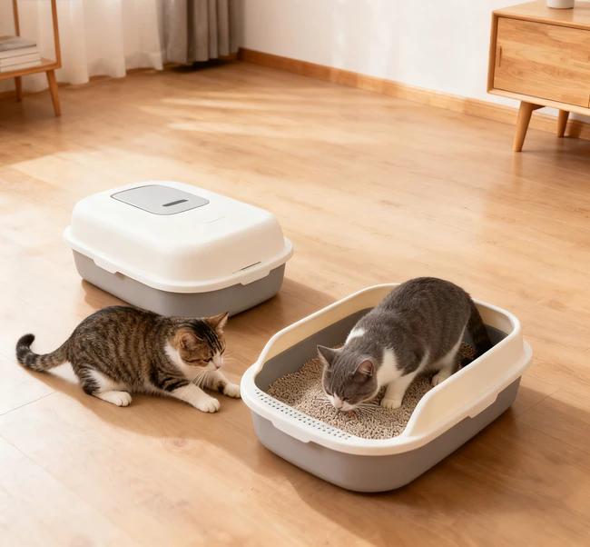 Diagram showing ideal litter box placement in a two-story home