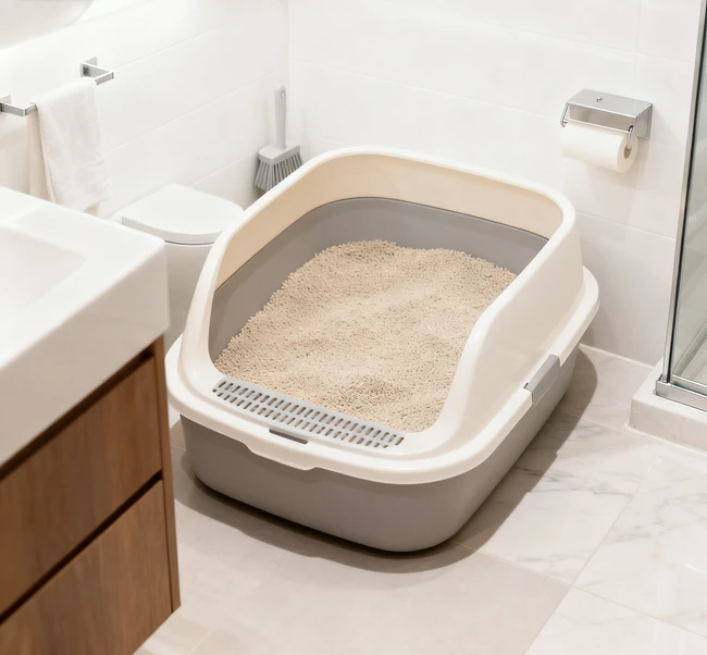 Supplies for deep cleaning a litter box including gloves, scrub brush, and enzyme cleaner