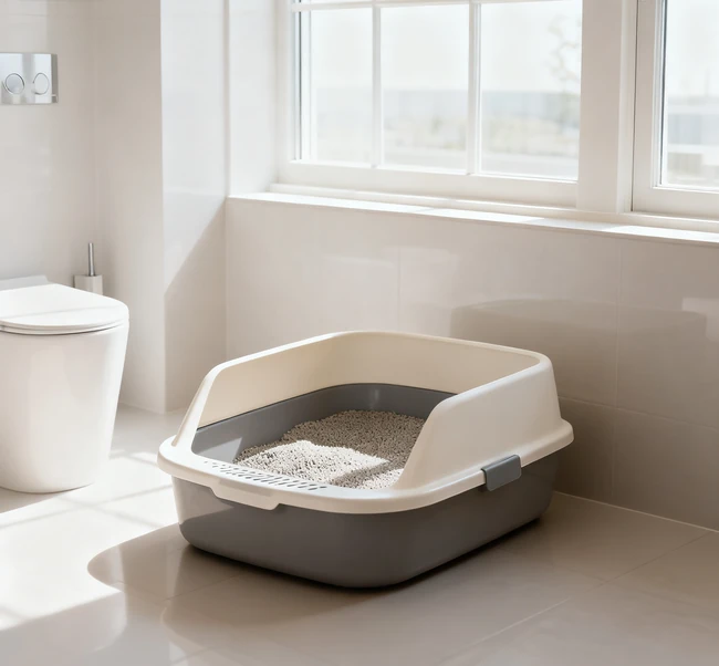 Close-up comparison of clumping clay, silica crystal, and natural wood pellet cat litters