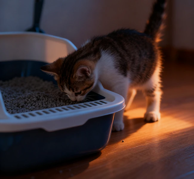 Gently placing a kitten inside a litter box after a nap
