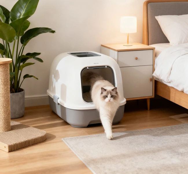 Person emptying the waste drawer of a self-cleaning litter box