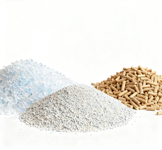 A cat stepping out of a litter box filled with non-clumping crystal litter