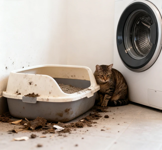 Two different types of litter boxes placed in a quiet room