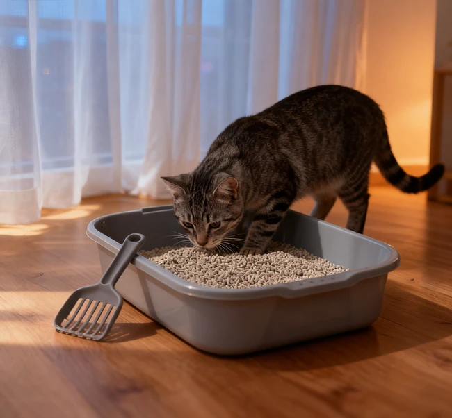 Person scooping waste from a clean litter box