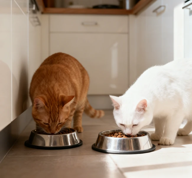 A person measuring out dry cat food with a scoop