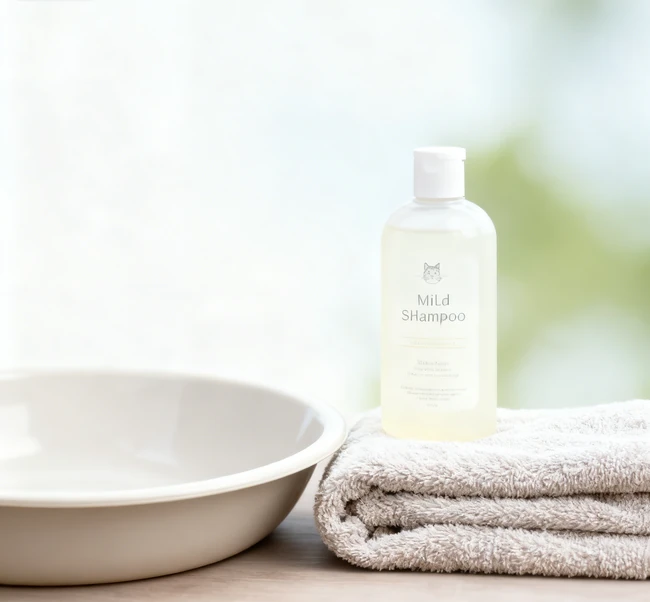 A person gently wetting a cat's back with a pitcher of water in a sink