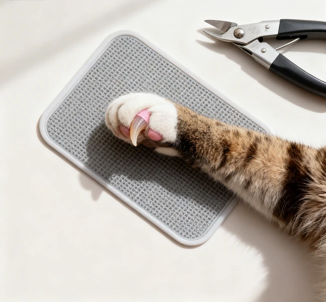 Close-up of a person holding a cat's paw and trimming the very tip of the claw