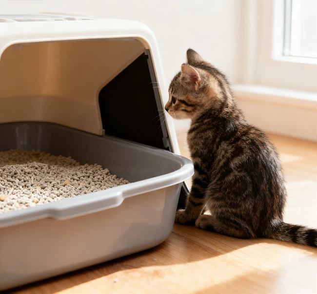 An adult cat using a clean litter box correctly