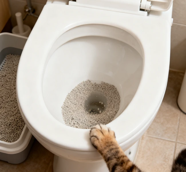 Close-up einer Tasche mit Katzenstreu markiert als spülbar mit einem roten Warnsymbol darüber