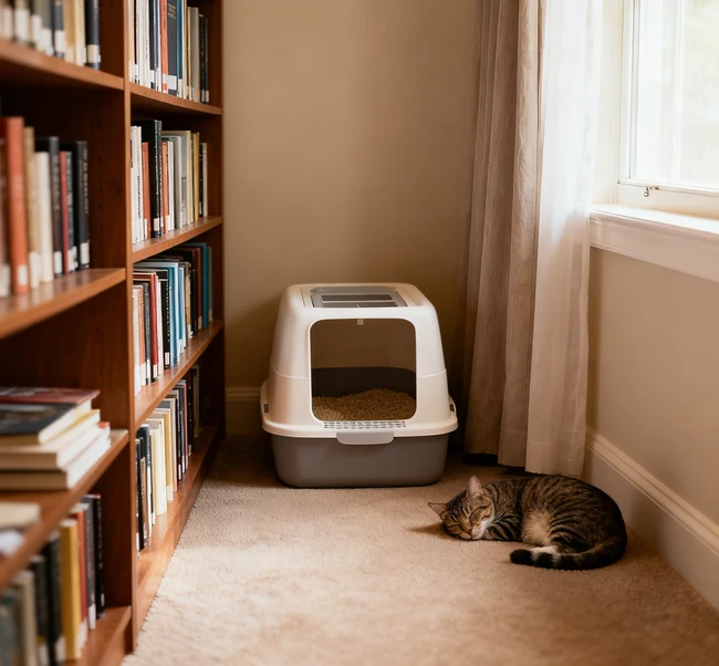 An air purifier running next to a litter box in a bedroom