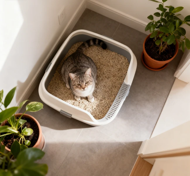 A person scooping waste from a litter box, demonstrating proper maintenance