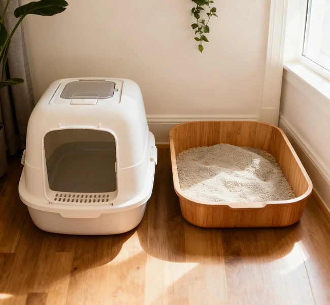 View from the entrance of a covered litter box, showing the interior