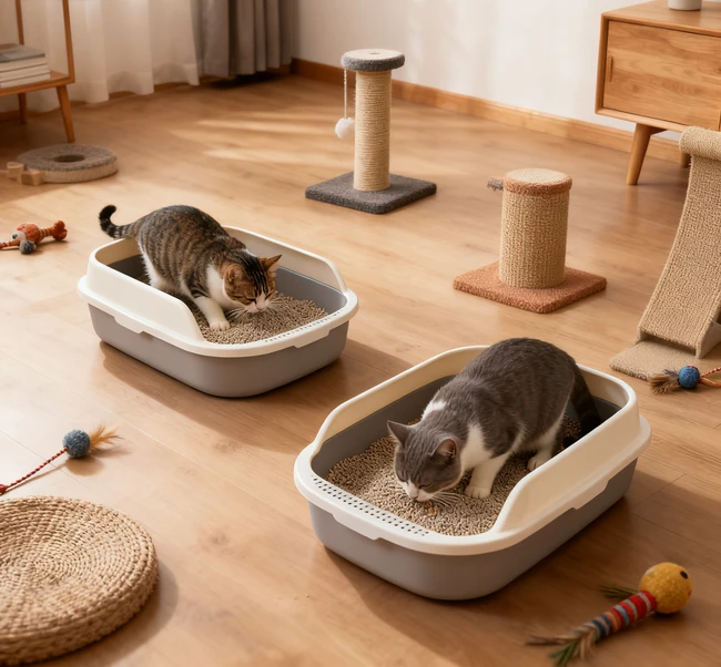 Collage of different litter box types: open, covered, and self-cleaning