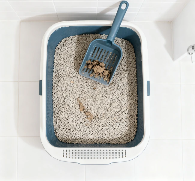 Un chat hésitant à s'approcher d'une litière sale