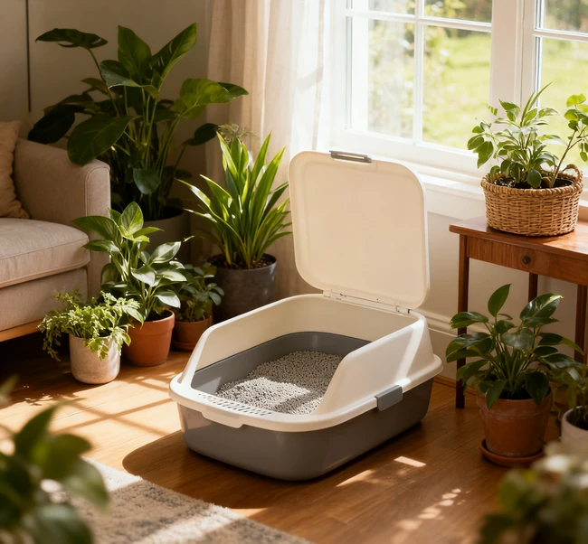 A stylish piece of furniture that discreetly hides a litter box inside